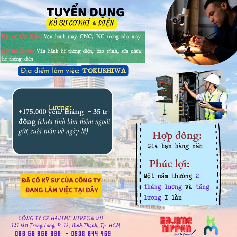 TUYỂN DỤNG KỸ SƯ CƠ KHÍ - ĐIỆN LÀM VIỆC TẠI NHẬT